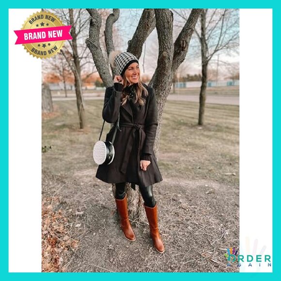 A-Line Peacoat Dress Coat Belted Notch Lapel Elegant Classic Trench - Picture 6 of 8